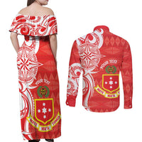 Personalised Kolisi Tonga Couples Matching Off Shoulder Maxi Dress and Long Sleeve Button Shirt Mate Maa Tonga Ngatu Pattern - Polynesian Pride