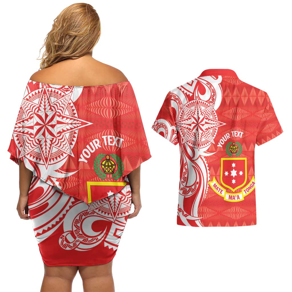Personalised Kolisi Tonga Couples Matching Off Shoulder Short Dress and Hawaiian Shirt Mate Maa Tonga Ngatu Pattern - Polynesian Pride