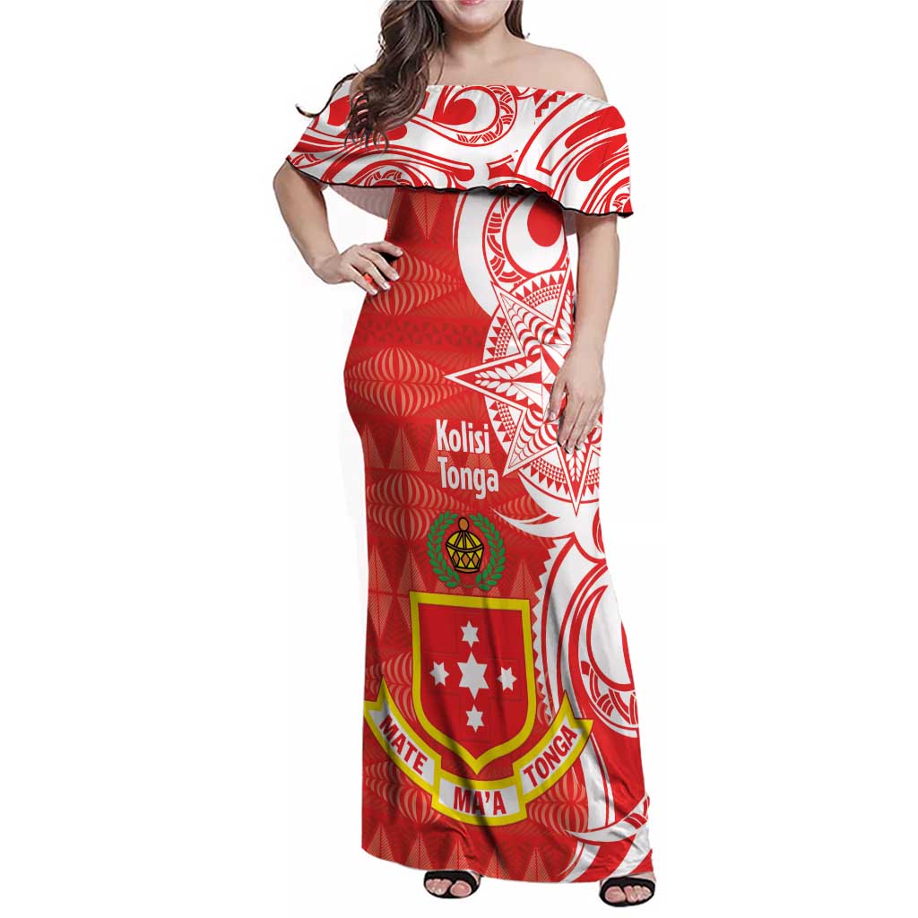 Personalised Kolisi Tonga Family Matching Off Shoulder Maxi Dress and Hawaiian Shirt Mate Maa Tonga Ngatu Pattern - Polynesian Pride