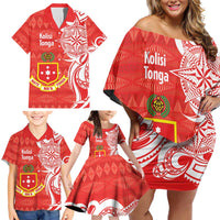 Personalised Kolisi Tonga Family Matching Off Shoulder Short Dress and Hawaiian Shirt Mate Maa Tonga Ngatu Pattern - Polynesian Pride