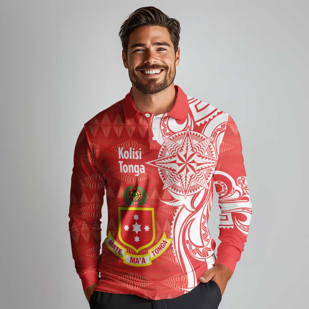 Personalised Kolisi Tonga Long Sleeve Polo Shirt Mate Maa Tonga Ngatu Pattern - Polynesian Pride