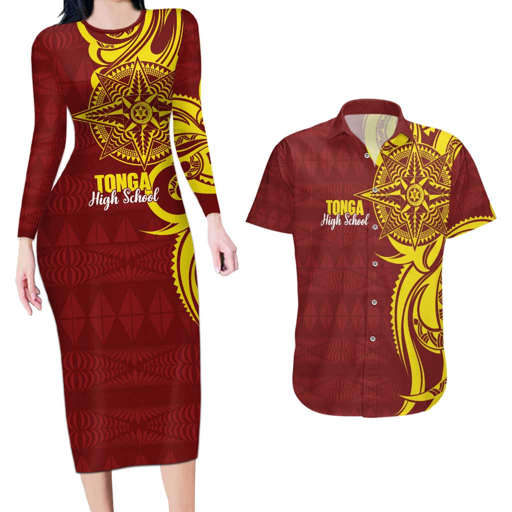 Personalised Tonga High School Couples Matching Long Sleeve Bodycon Dress and Hawaiian Shirt THS Tongan Ngatu Pattern - Polynesian Pride