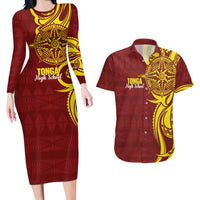 Personalised Tonga High School Couples Matching Long Sleeve Bodycon Dress and Hawaiian Shirt THS Tongan Ngatu Pattern - Polynesian Pride