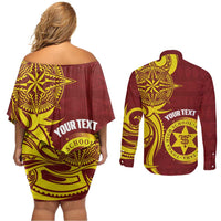 Personalised Tonga High School Couples Matching Off Shoulder Short Dress and Long Sleeve Button Shirt THS Tongan Ngatu Pattern - Polynesian Pride