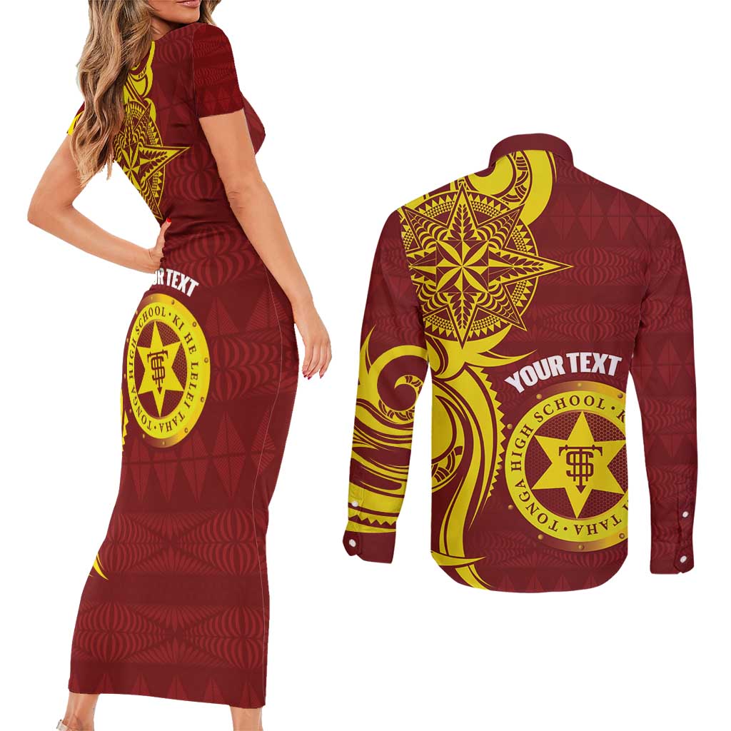 Personalised Tonga High School Couples Matching Short Sleeve Bodycon Dress and Long Sleeve Button Shirt THS Tongan Ngatu Pattern - Polynesian Pride
