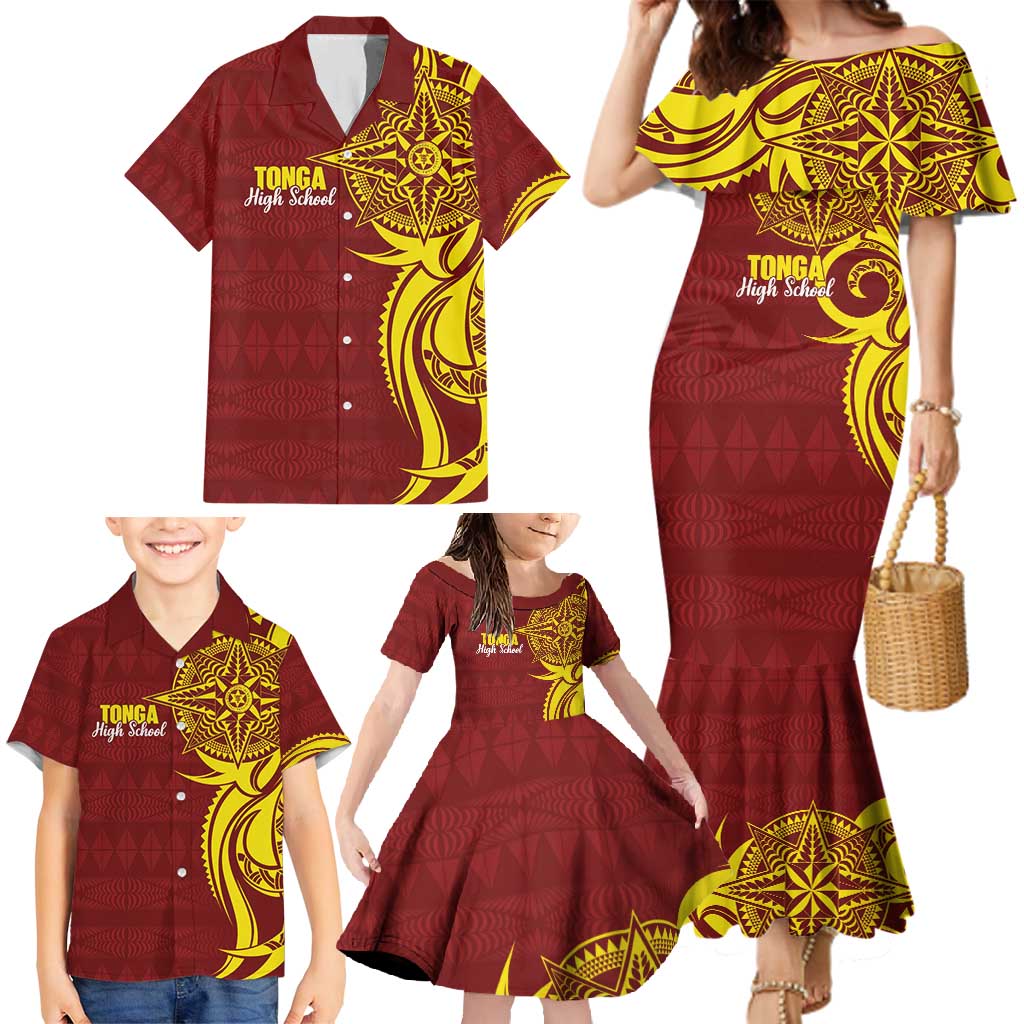 Personalised Tonga High School Family Matching Mermaid Dress and Hawaiian Shirt THS Tongan Ngatu Pattern - Polynesian Pride