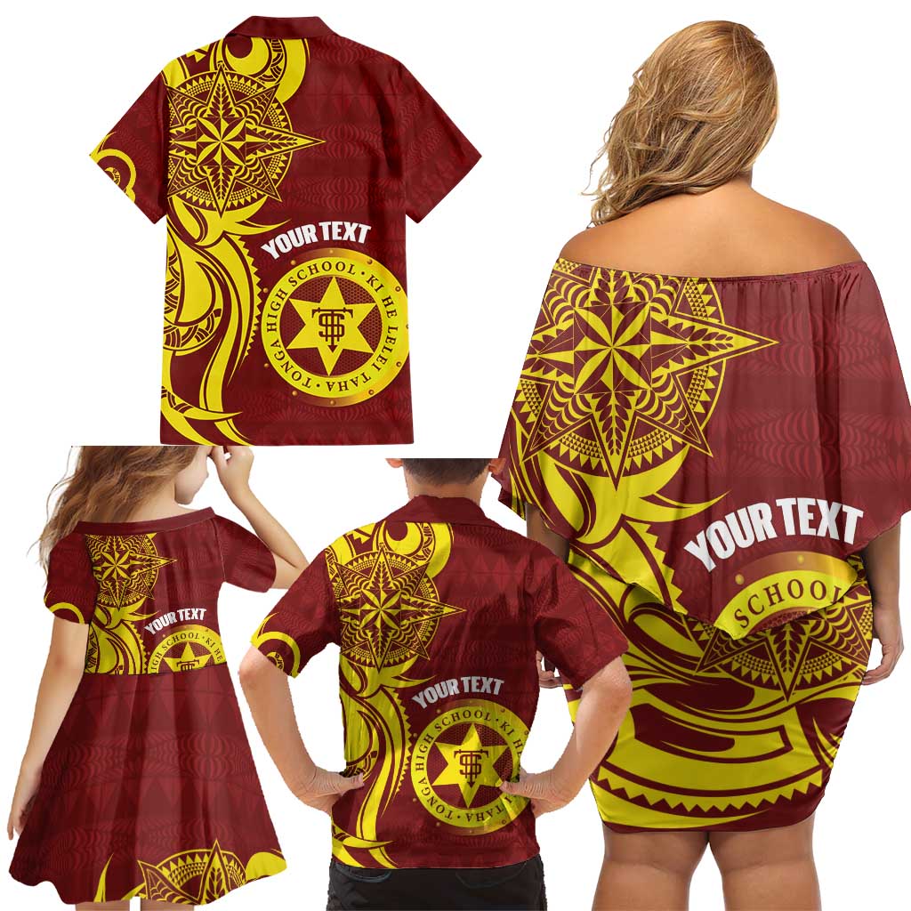 Personalised Tonga High School Family Matching Off Shoulder Short Dress and Hawaiian Shirt THS Tongan Ngatu Pattern - Polynesian Pride