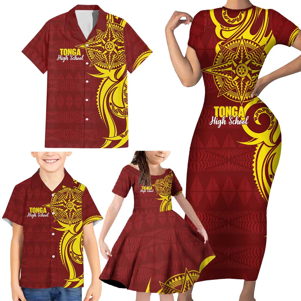 Personalised Tonga High School Family Matching Short Sleeve Bodycon Dress and Hawaiian Shirt THS Tongan Ngatu Pattern - Polynesian Pride