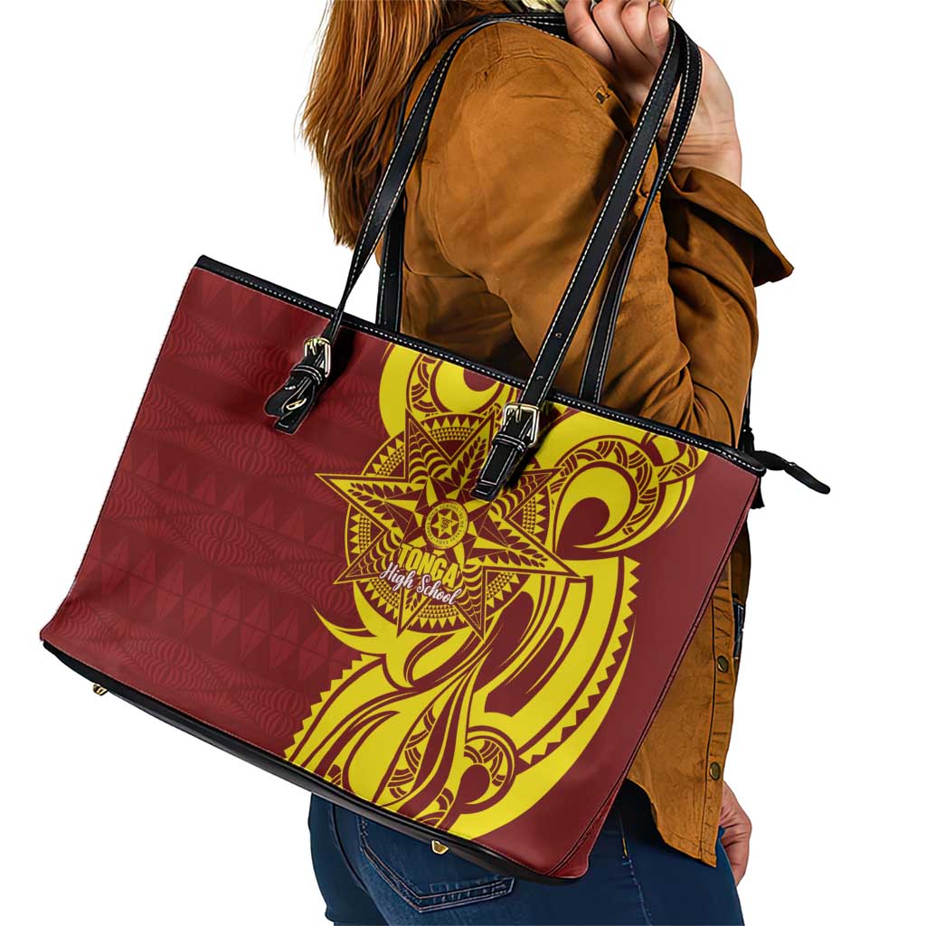 Personalised Tonga High School Leather Tote Bag THS Tongan Ngatu Pattern - Polynesian Pride