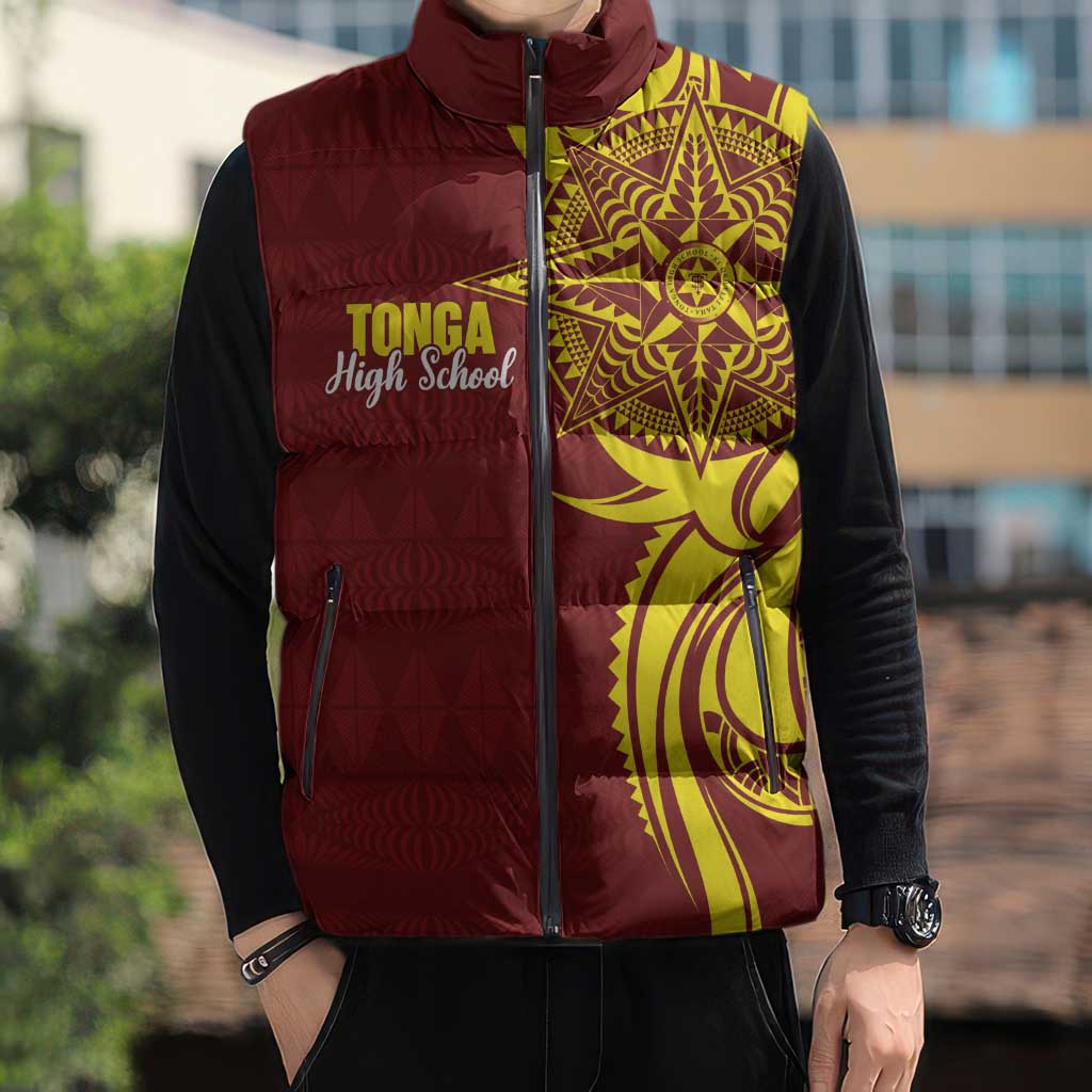 Personalised Tonga High School Sleeveless Puffer Jacket THS Tongan Ngatu Pattern - Polynesian Pride