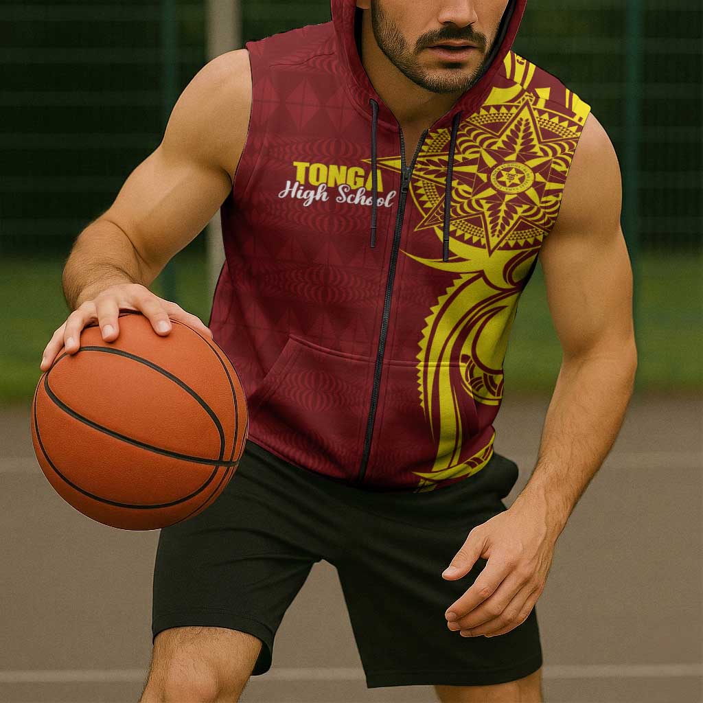 Personalised Tonga High School Sleeveless Zip Hoodie THS Tongan Ngatu Pattern - Polynesian Pride