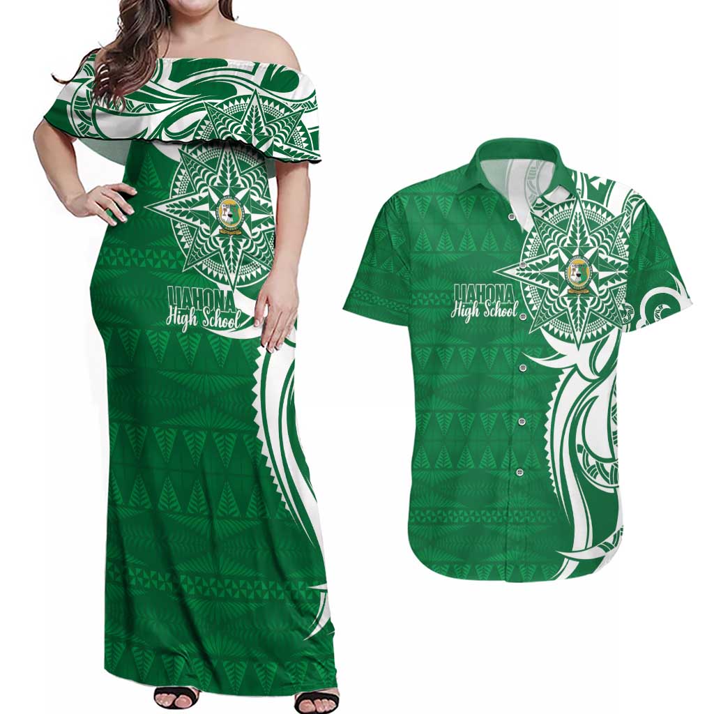 Personalised Liahona - Saineha High School Couples Matching Off Shoulder Maxi Dress and Hawaiian Shirt Tongan Ngatu Pattern - Polynesian Pride