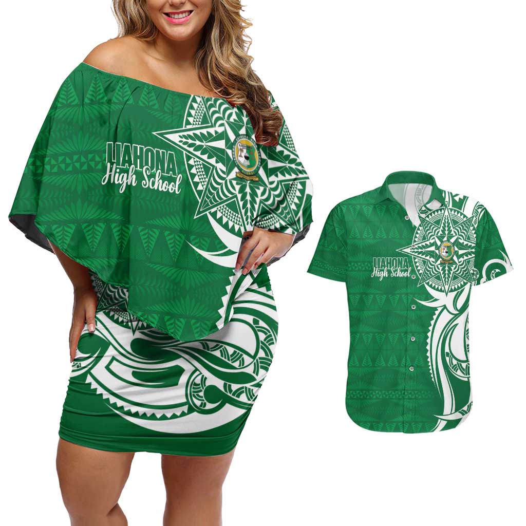 Personalised Liahona - Saineha High School Couples Matching Off Shoulder Short Dress and Hawaiian Shirt Tongan Ngatu Pattern - Polynesian Pride