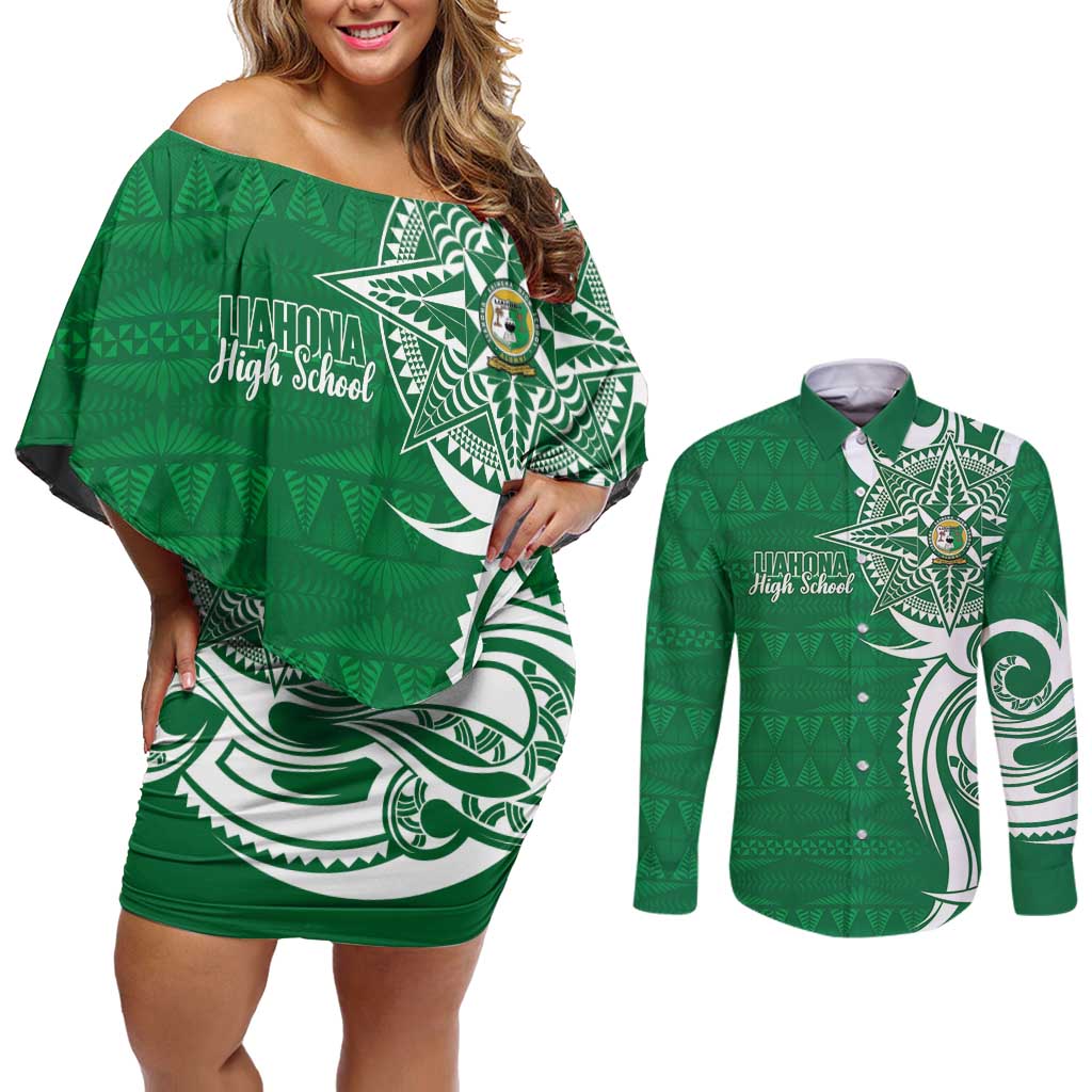 Personalised Liahona - Saineha High School Couples Matching Off Shoulder Short Dress and Long Sleeve Button Shirt Tongan Ngatu Pattern - Polynesian Pride