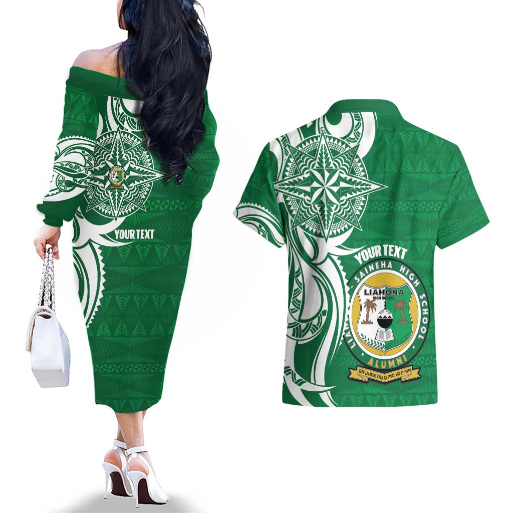 Personalised Liahona - Saineha High School Couples Matching Off The Shoulder Long Sleeve Dress and Hawaiian Shirt Tongan Ngatu Pattern - Polynesian Pride