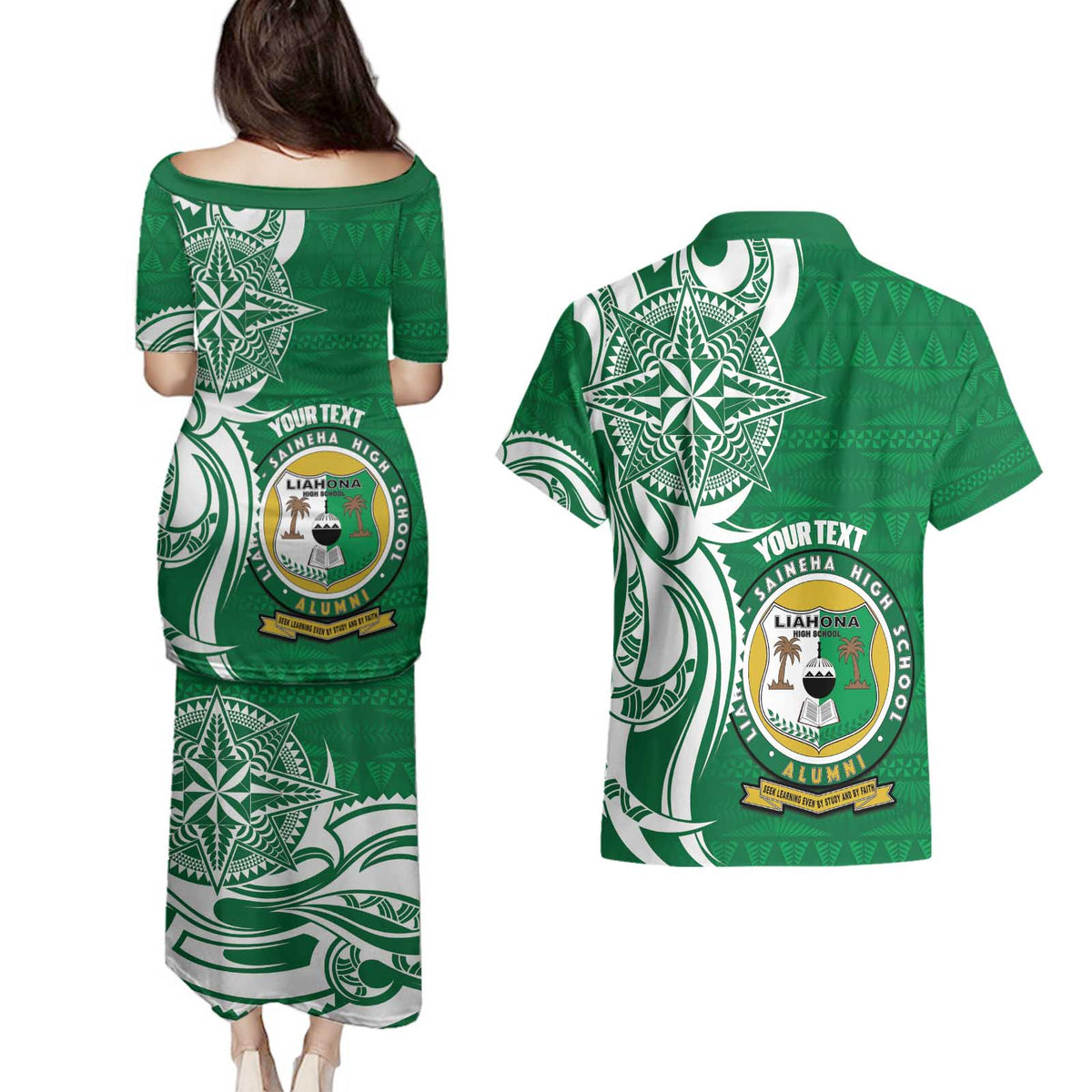 Personalised Liahona - Saineha High School Couples Matching Puletasi and Hawaiian Shirt Tongan Ngatu Pattern - Polynesian Pride