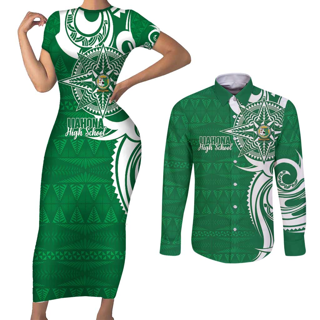 Personalised Liahona - Saineha High School Couples Matching Short Sleeve Bodycon Dress and Long Sleeve Button Shirt Tongan Ngatu Pattern - Polynesian Pride