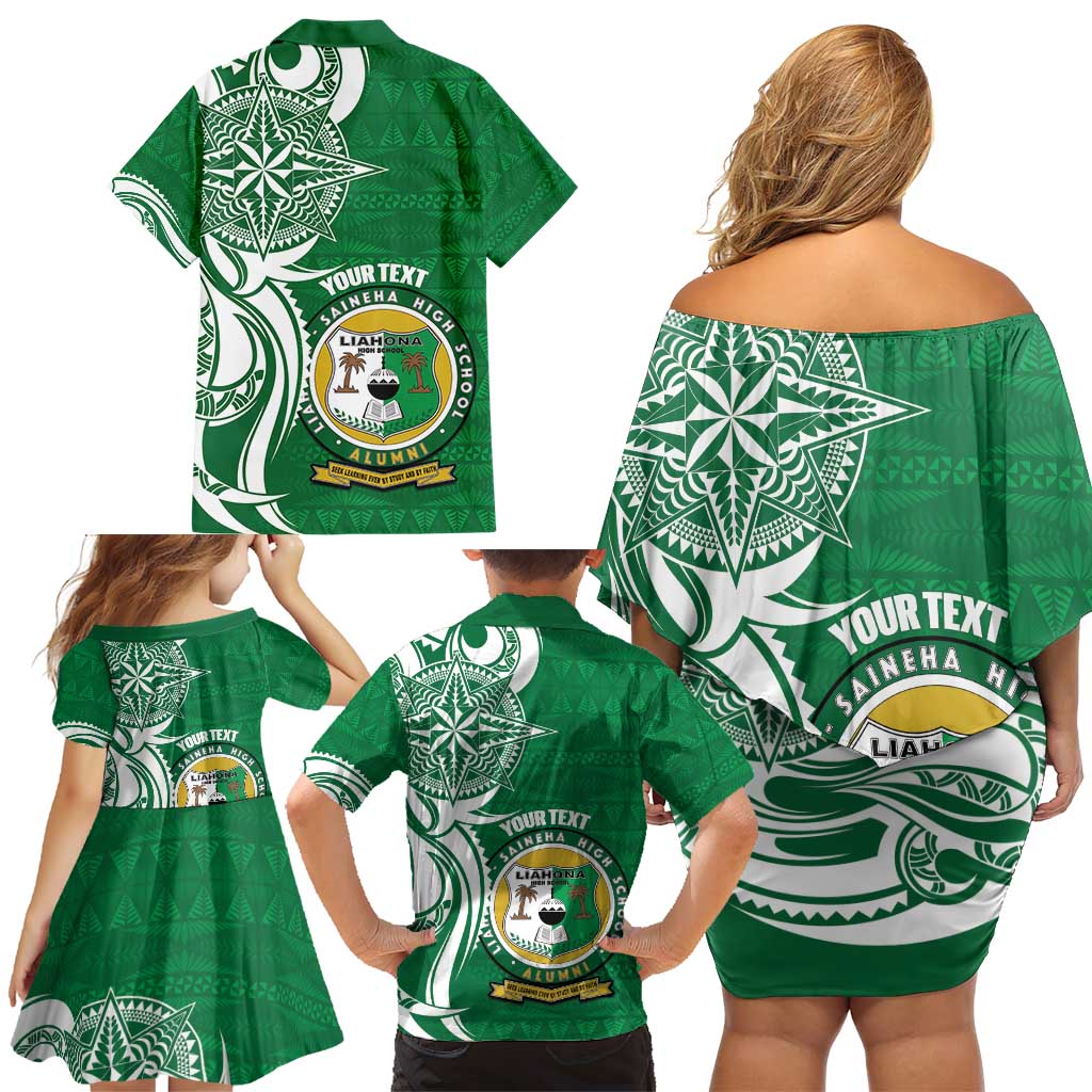 Personalised Liahona - Saineha High School Family Matching Off Shoulder Short Dress and Hawaiian Shirt Tongan Ngatu Pattern - Polynesian Pride