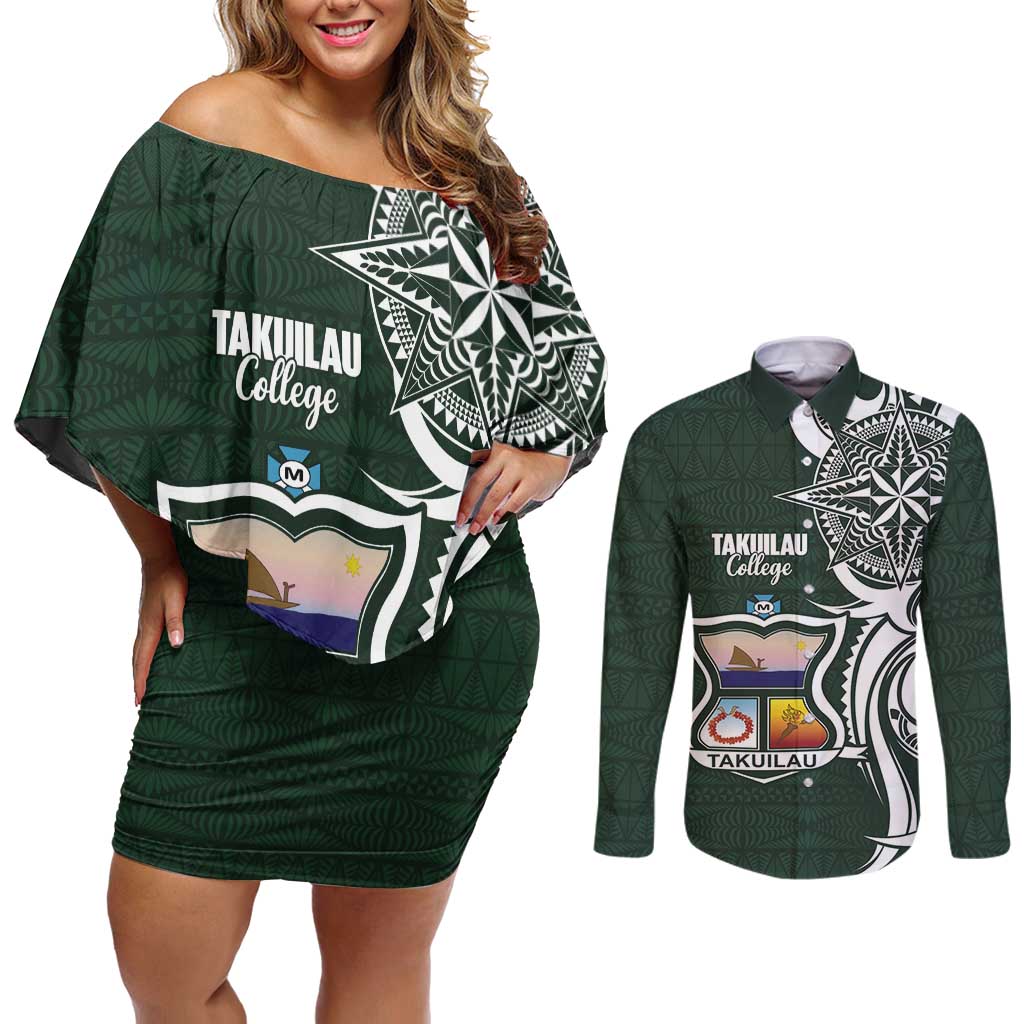 Personalised Tonga Takuilau College Couples Matching Off Shoulder Short Dress and Long Sleeve Button Shirt Est 1975 Tongan Ngatu Pattern - Polynesian Pride