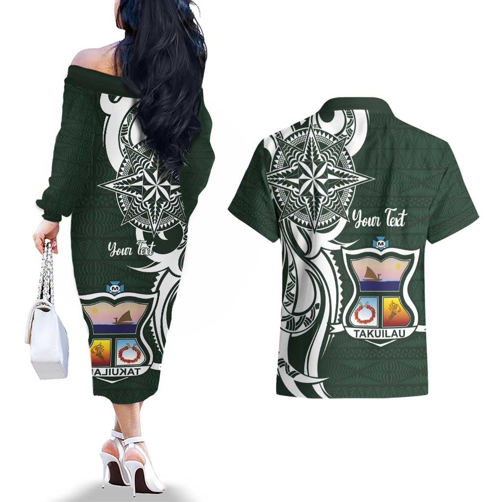 Personalised Tonga Takuilau College Couples Matching Off The Shoulder Long Sleeve Dress and Hawaiian Shirt Est 1975 Tongan Ngatu Pattern - Polynesian Pride