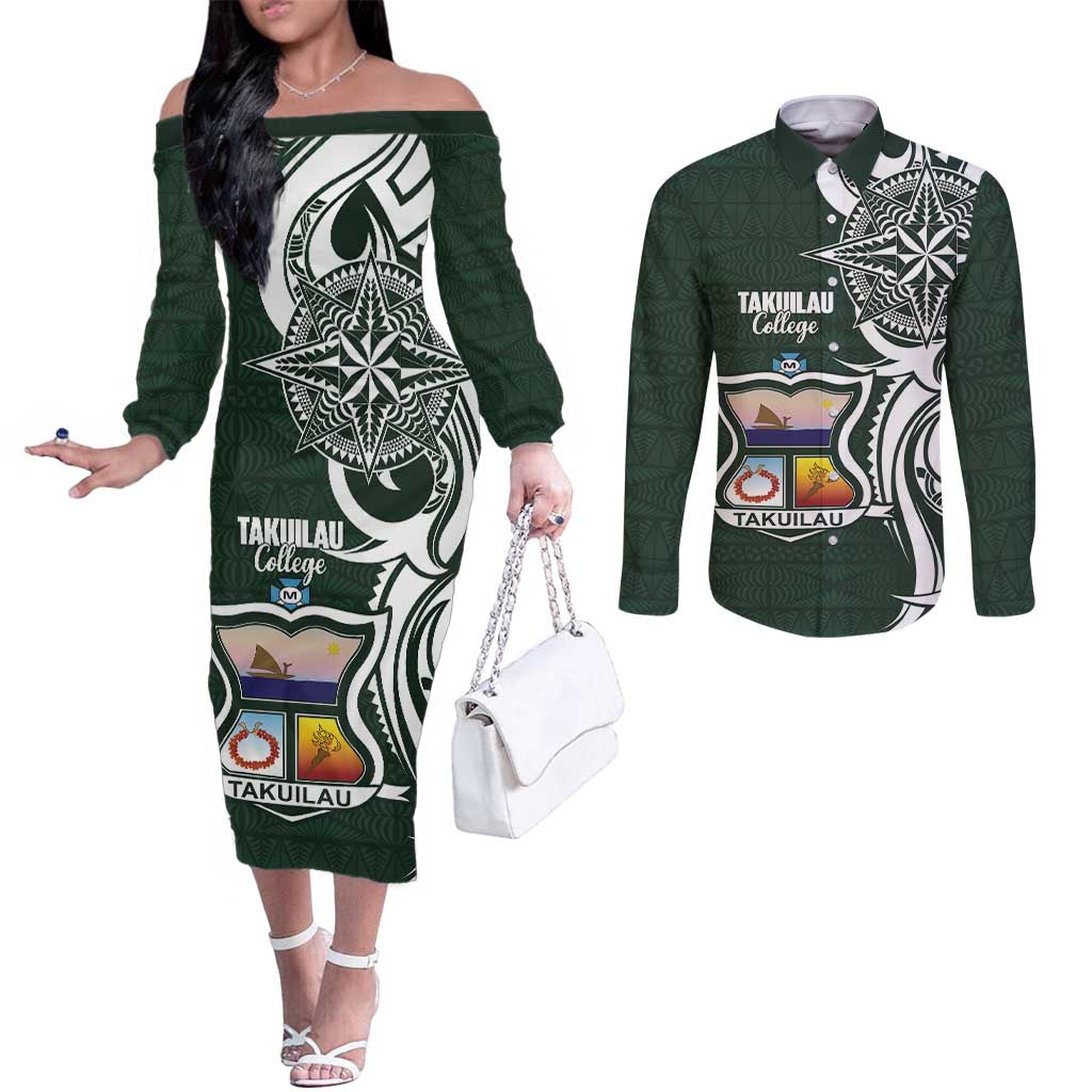 Personalised Tonga Takuilau College Couples Matching Off The Shoulder Long Sleeve Dress and Long Sleeve Button Shirt Est 1975 Tongan Ngatu Pattern - Polynesian Pride