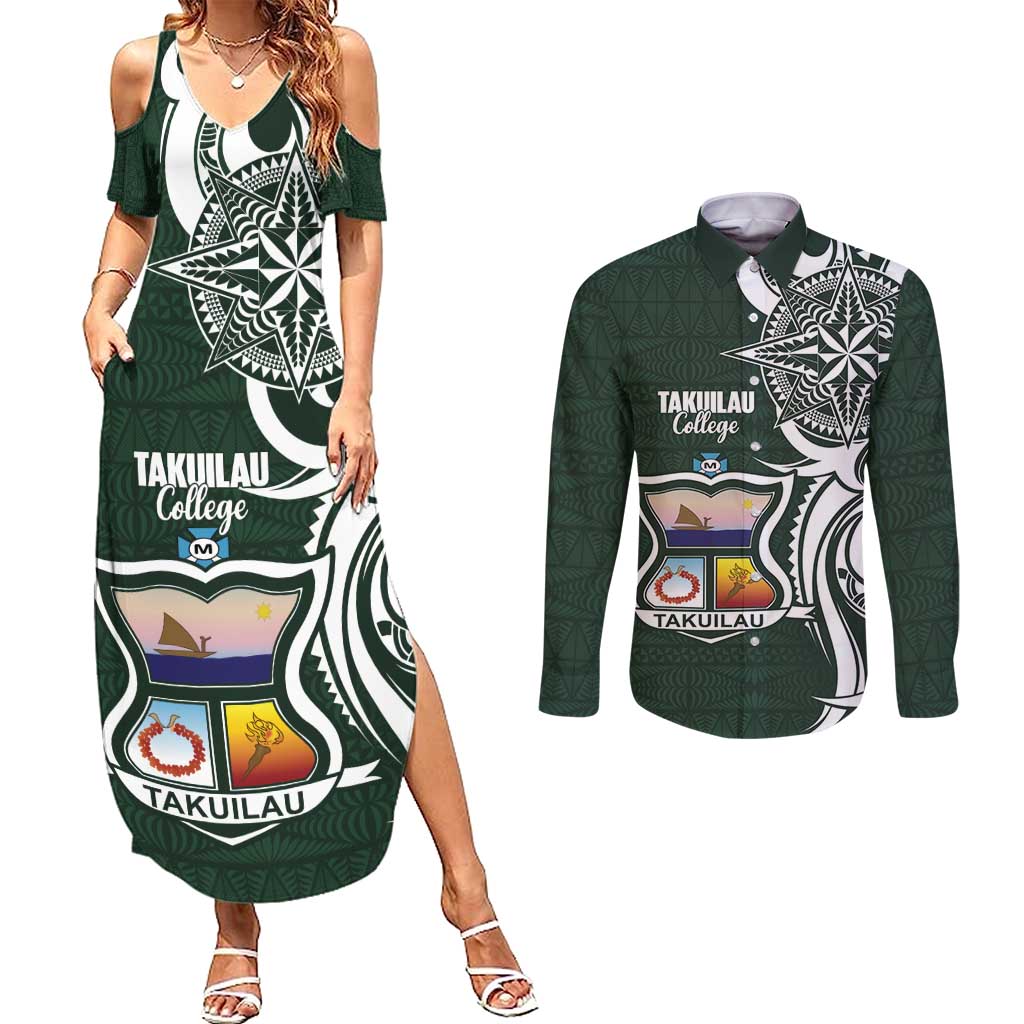 Personalised Tonga Takuilau College Couples Matching Summer Maxi Dress and Long Sleeve Button Shirt Est 1975 Tongan Ngatu Pattern - Polynesian Pride