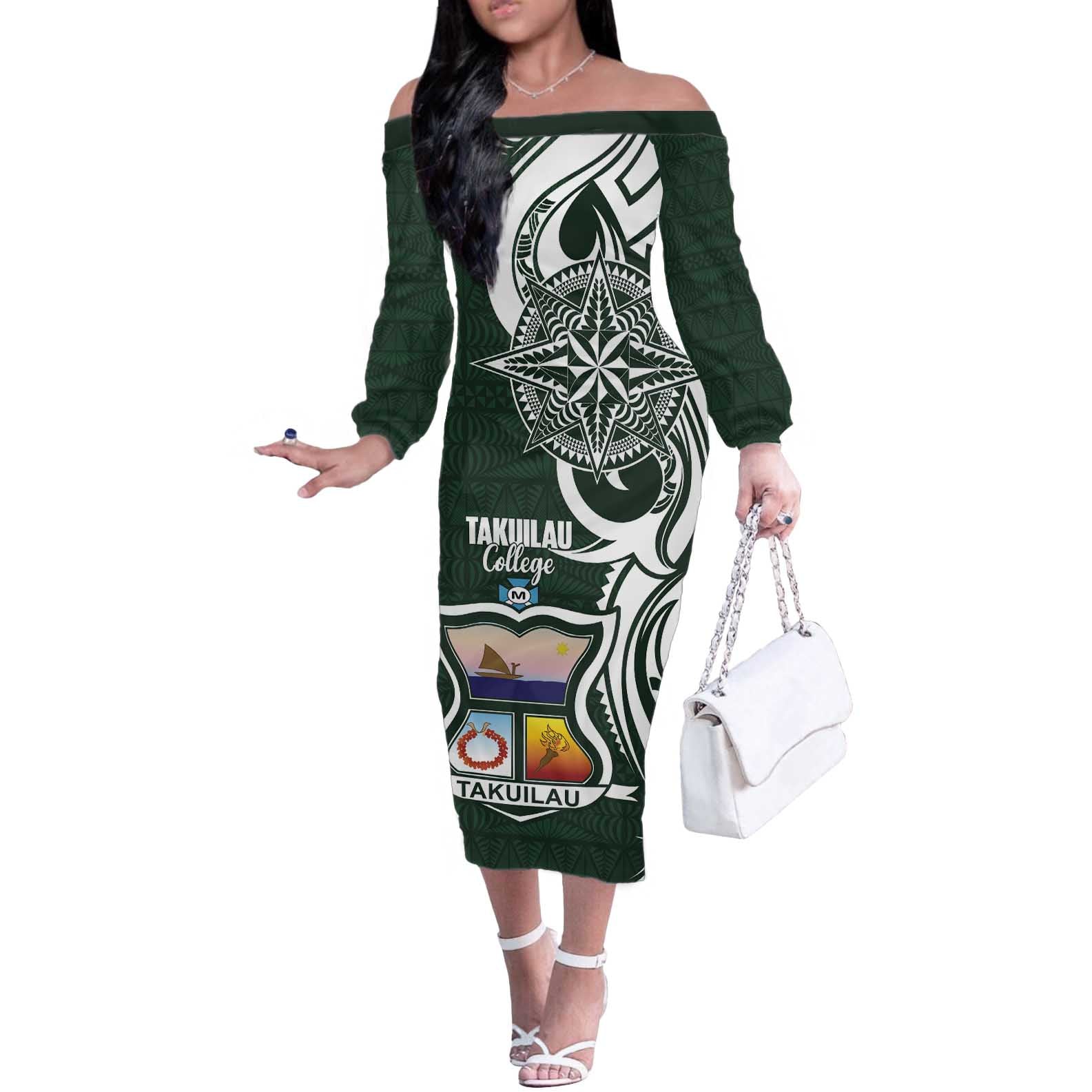 Personalised Tonga Takuilau College Off The Shoulder Long Sleeve Dress Est 1975 Tongan Ngatu Pattern - Polynesian Pride