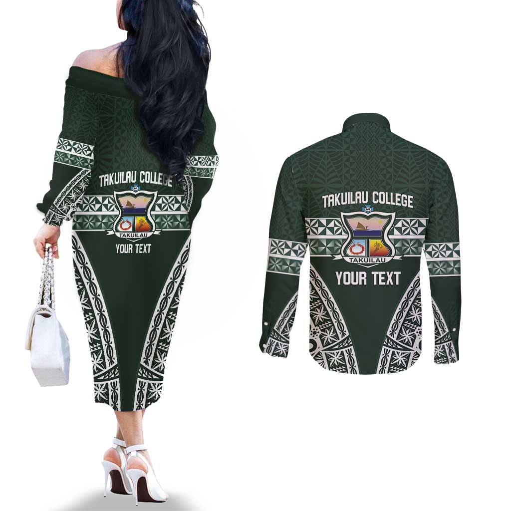 Personalised Tonga Takuilau College Couples Matching Off The Shoulder Long Sleeve Dress and Long Sleeve Button Shirt 50th Anniversary Ngatu Kupesi - Polynesian Pride
