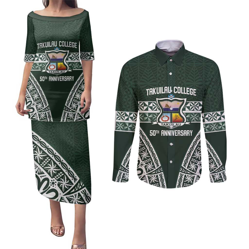 Personalised Tonga Takuilau College Couples Matching Puletasi and Long Sleeve Button Shirt 50th Anniversary Ngatu Kupesi - Polynesian Pride