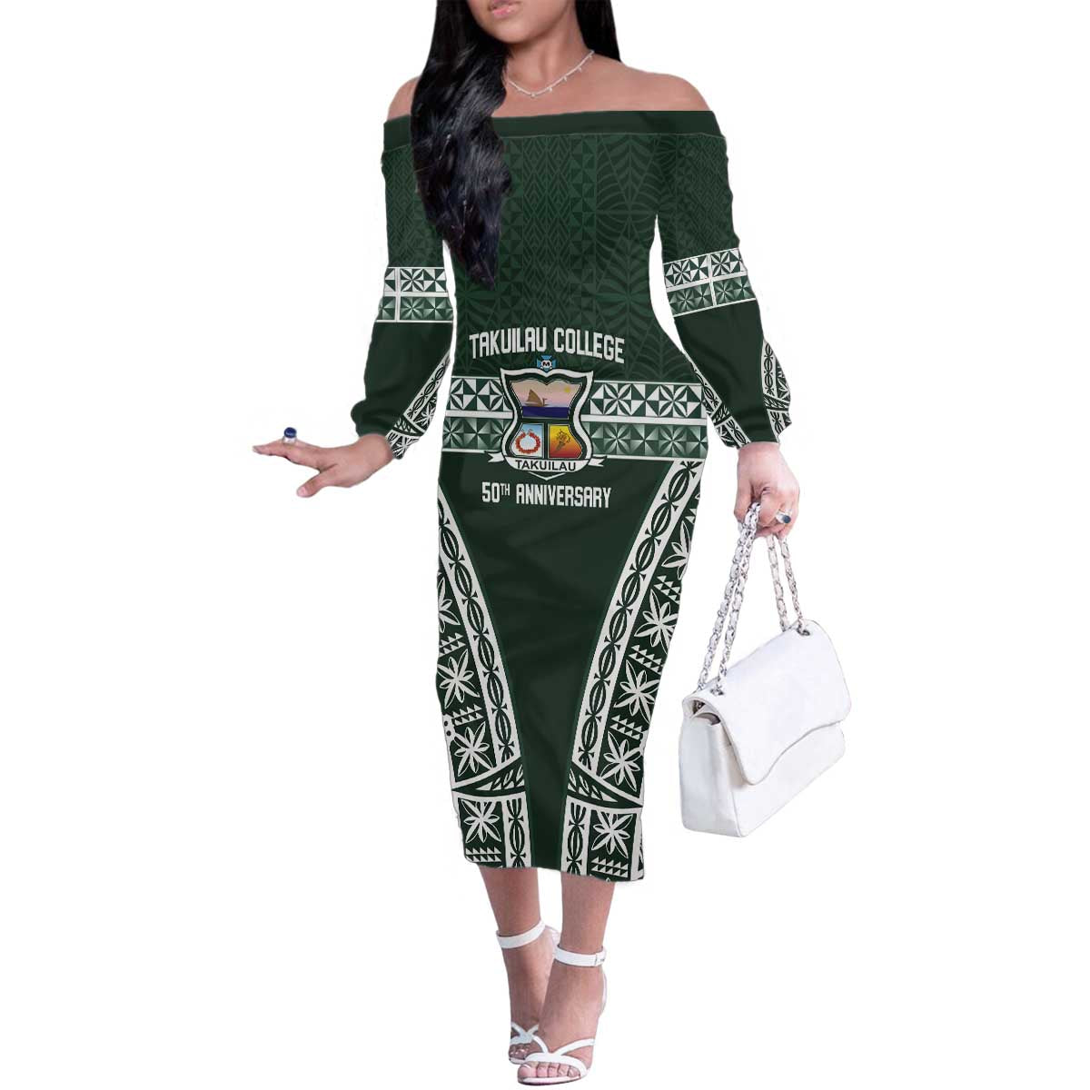 Personalised Tonga Takuilau College Family Matching Off The Shoulder Long Sleeve Dress and Hawaiian Shirt 50th Anniversary Ngatu Kupesi - Polynesian Pride