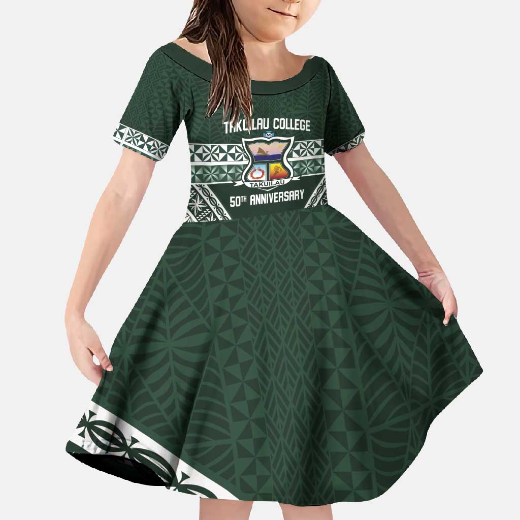 Personalised Tonga Takuilau College Family Matching Off Shoulder Maxi Dress and Hawaiian Shirt 50th Anniversary Ngatu Kupesi LT14 Daughter's Dress Green - Polynesian Pride