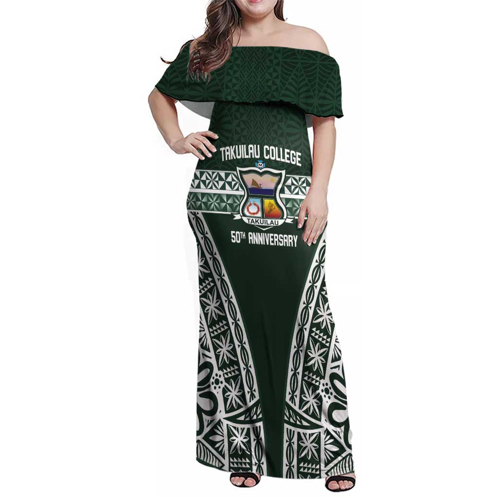 Personalised Tonga Takuilau College Family Matching Off Shoulder Maxi Dress and Hawaiian Shirt 50th Anniversary Ngatu Kupesi LT14 Mom's Dress Green - Polynesian Pride