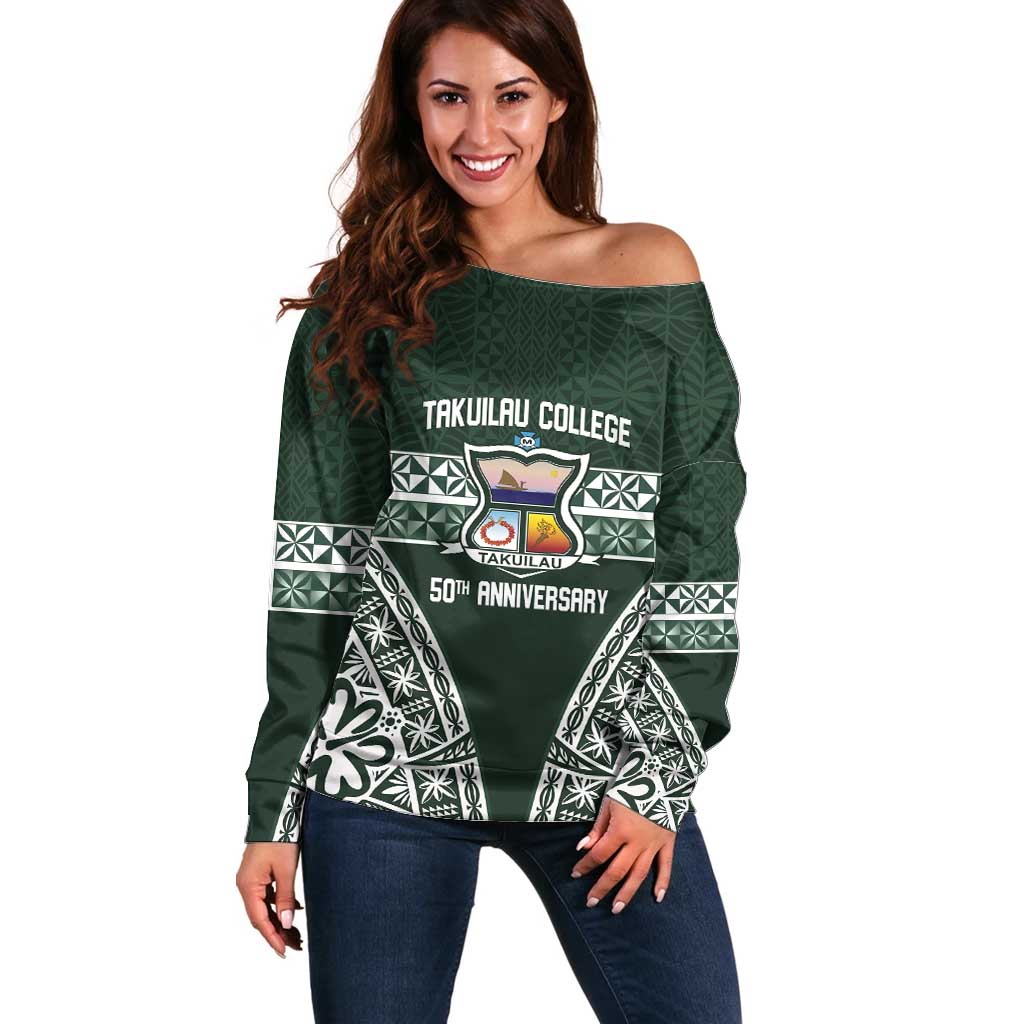 Personalised Tonga Takuilau College Off Shoulder Sweater 50th Anniversary Ngatu Kupesi - Polynesian Pride