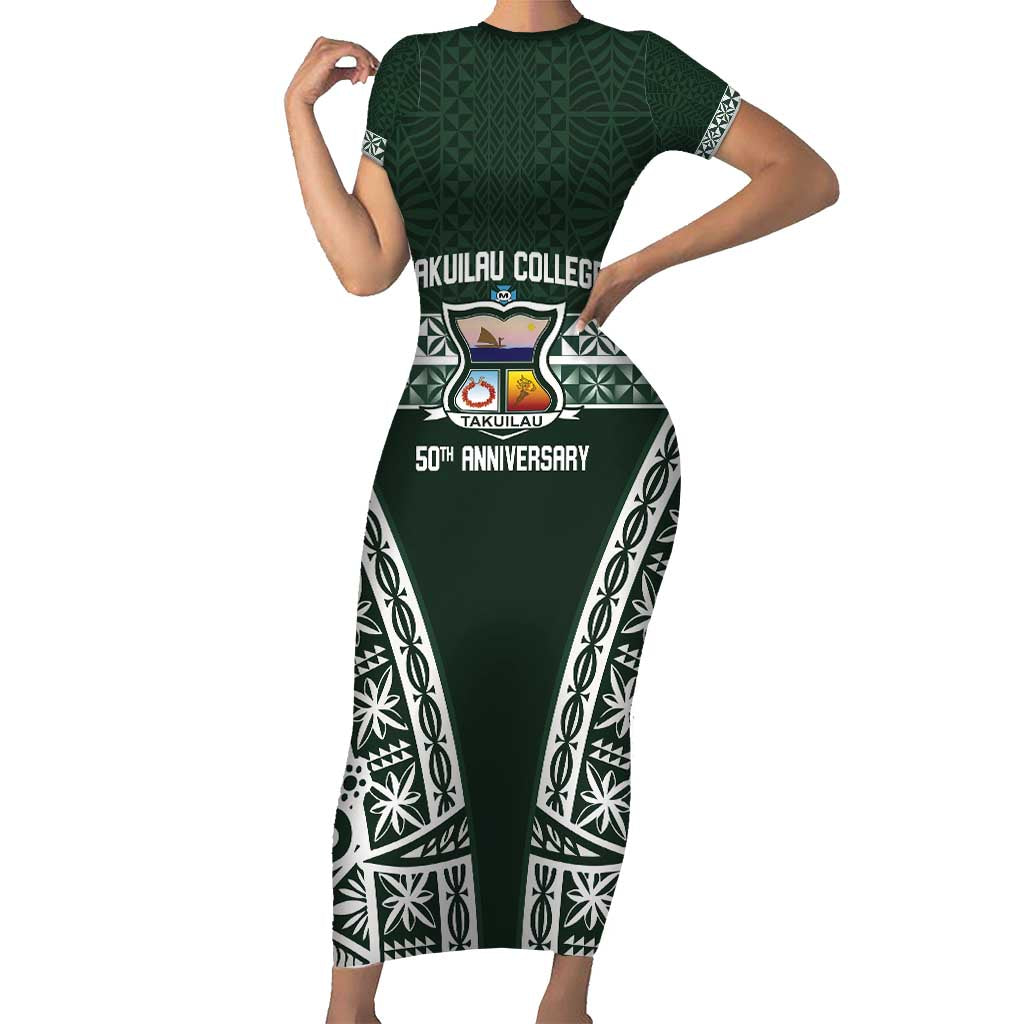 Personalised Tonga Takuilau College Short Sleeve Bodycon Dress 50th Anniversary Ngatu Kupesi - Polynesian Pride
