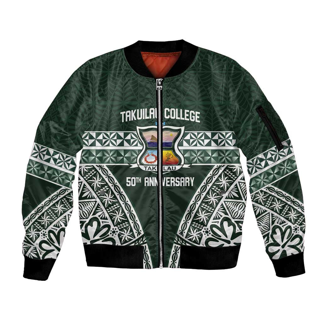 Personalised Tonga Takuilau College Sleeve Zip Bomber Jacket 50th Anniversary Ngatu Kupesi - Polynesian Pride