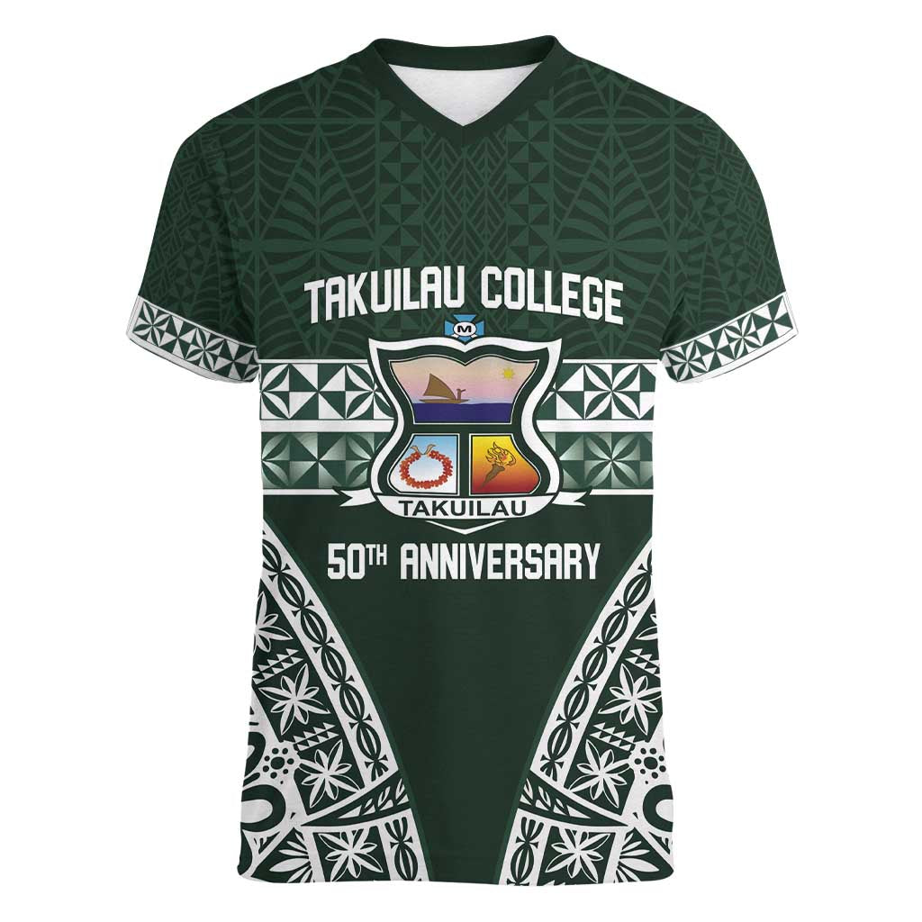Personalised Tonga Takuilau College Women V-Neck T-Shirt 50th Anniversary Ngatu Kupesi - Polynesian Pride