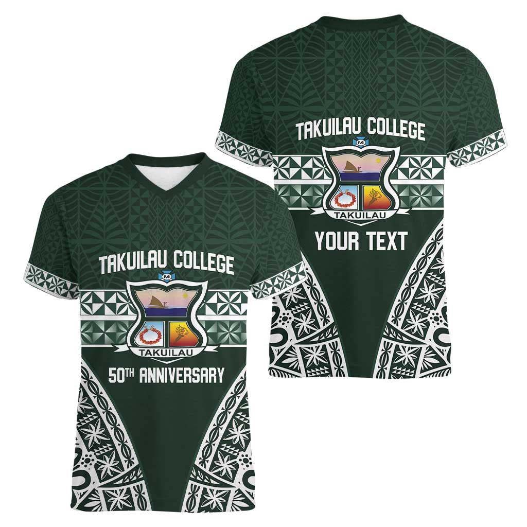 Personalised Tonga Takuilau College Women V-Neck T-Shirt 50th Anniversary Ngatu Kupesi - Polynesian Pride