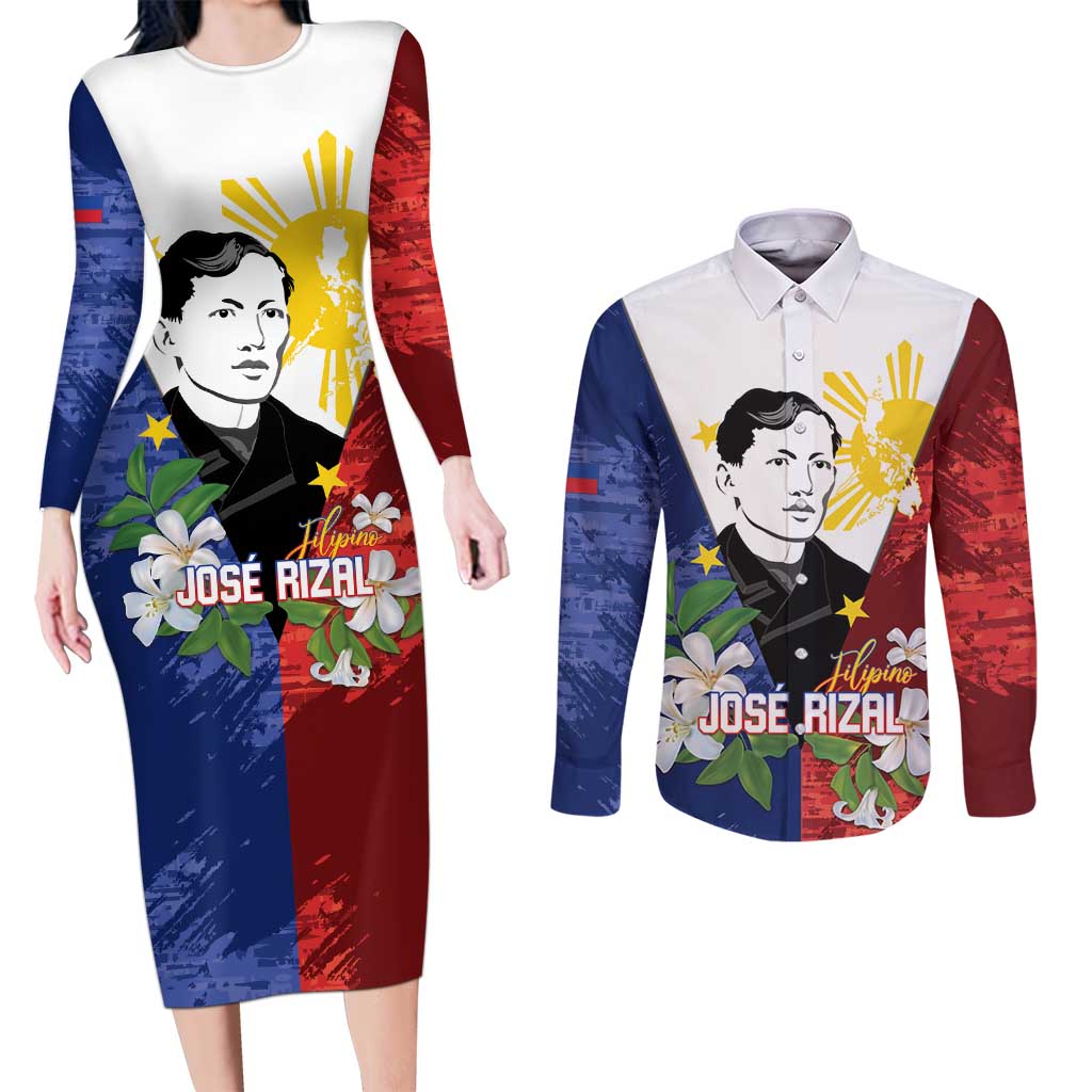 Philippines Rizal Day Couples Matching Long Sleeve Bodycon Dress and Long Sleeve Button Shirt Filipino Sampaguita Grunge Style LT14 Blue - Polynesian Pride