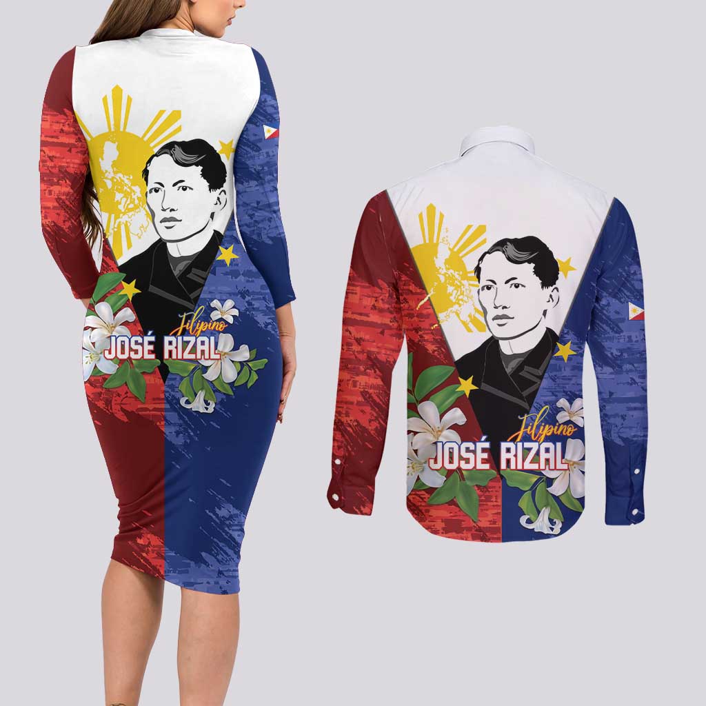 Philippines Rizal Day Couples Matching Long Sleeve Bodycon Dress and Long Sleeve Button Shirt Filipino Sampaguita Grunge Style LT14 - Polynesian Pride