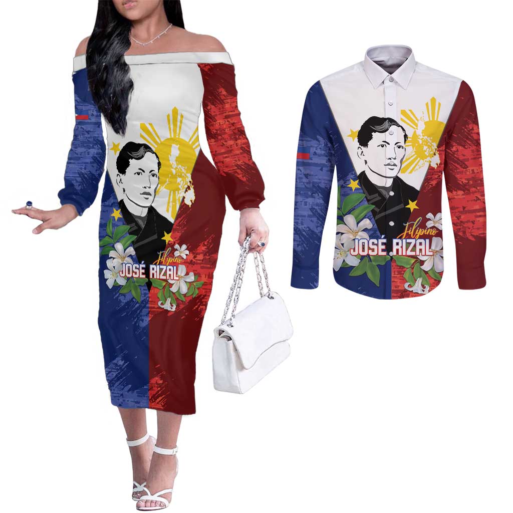 Philippines Rizal Day Couples Matching Off The Shoulder Long Sleeve Dress and Long Sleeve Button Shirt Filipino Sampaguita Grunge Style - Polynesian Pride