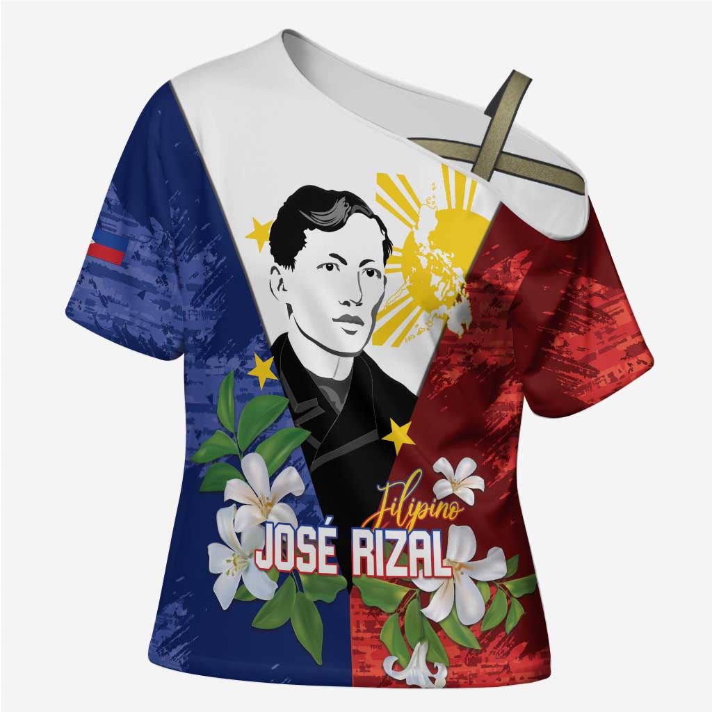 Philippines Rizal Day Cross Shoulder Shirt Filipino Sampaguita Grunge Style LT14 Female Blue - Polynesian Pride