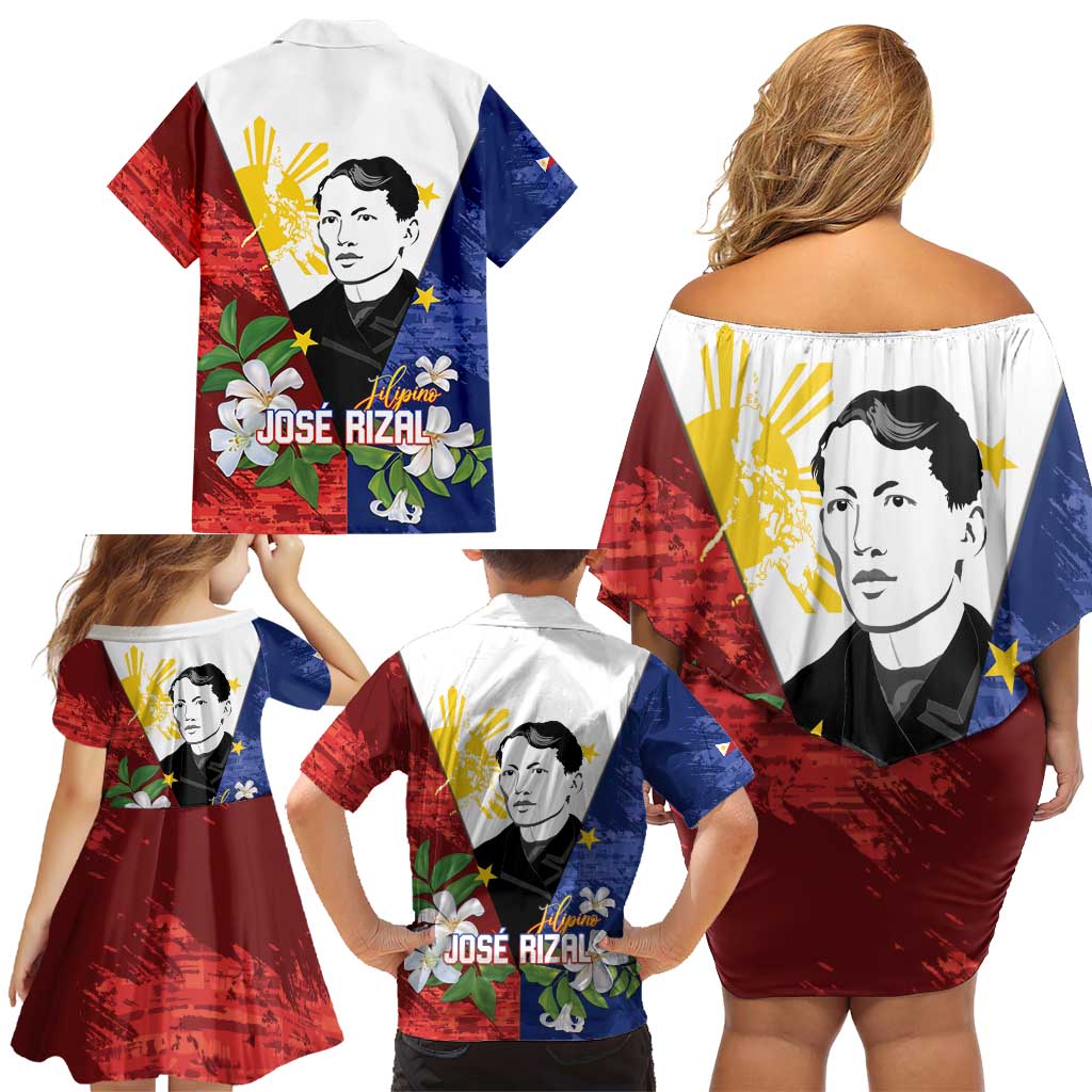 Philippines Rizal Day Family Matching Off Shoulder Short Dress and Hawaiian Shirt Filipino Sampaguita Grunge Style - Polynesian Pride
