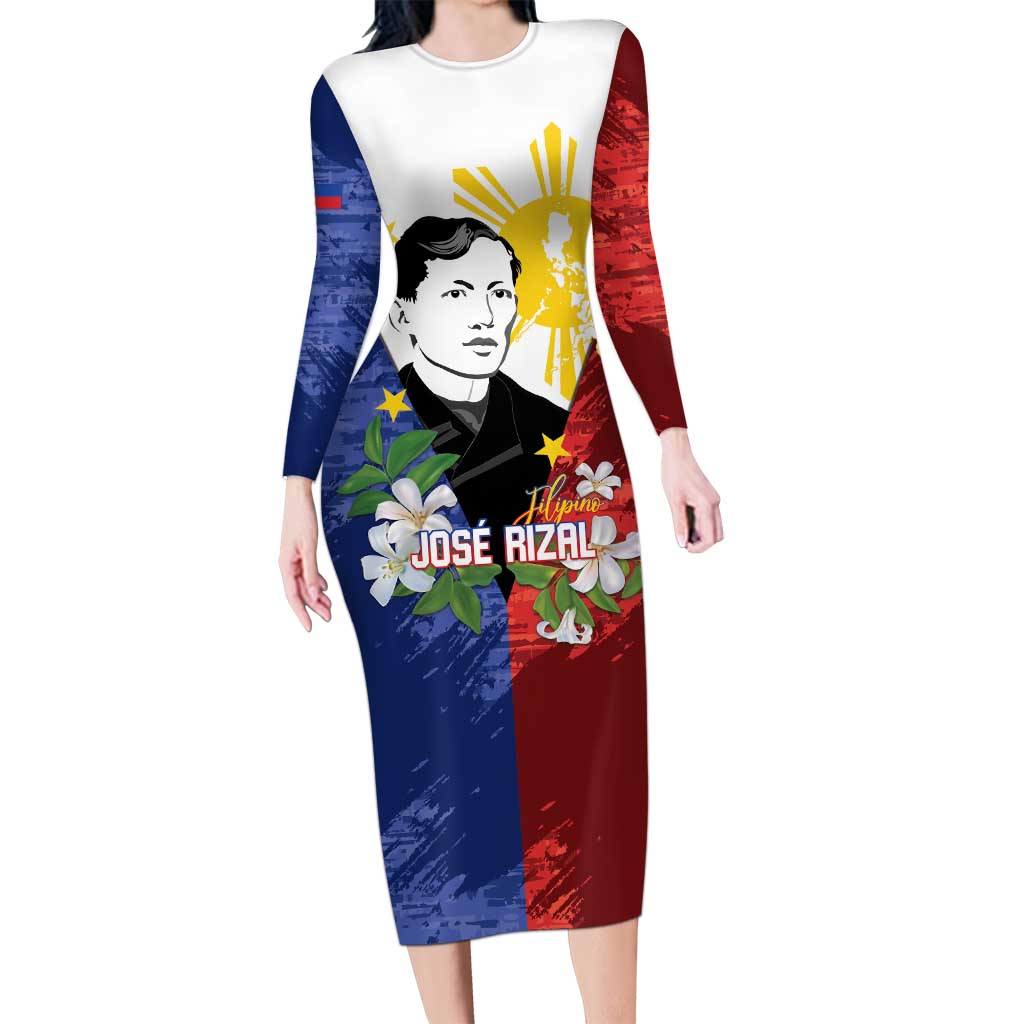 Philippines Rizal Day Long Sleeve Bodycon Dress Filipino Sampaguita Grunge Style - Polynesian Pride
