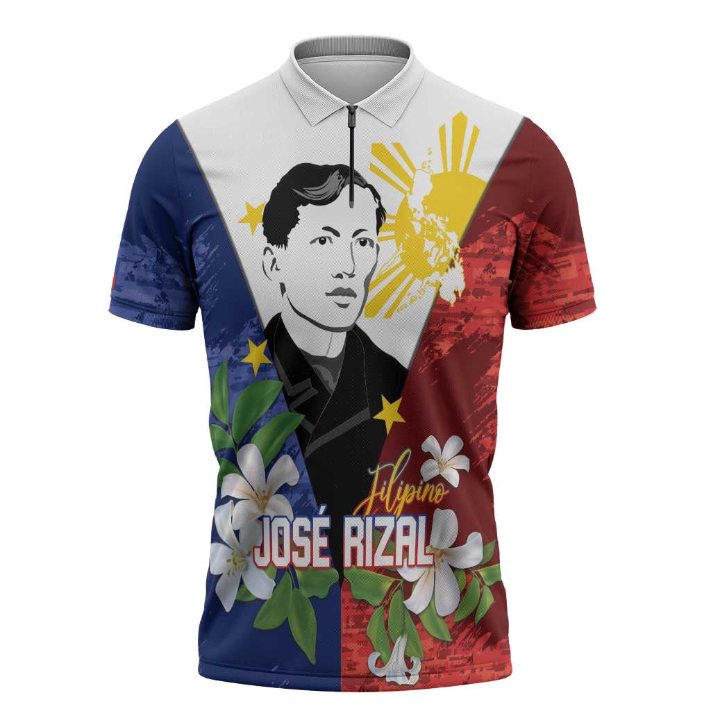 Philippines Rizal Day Zipper Polo Shirt Filipino Sampaguita Grunge Style LT14 Blue - Polynesian Pride