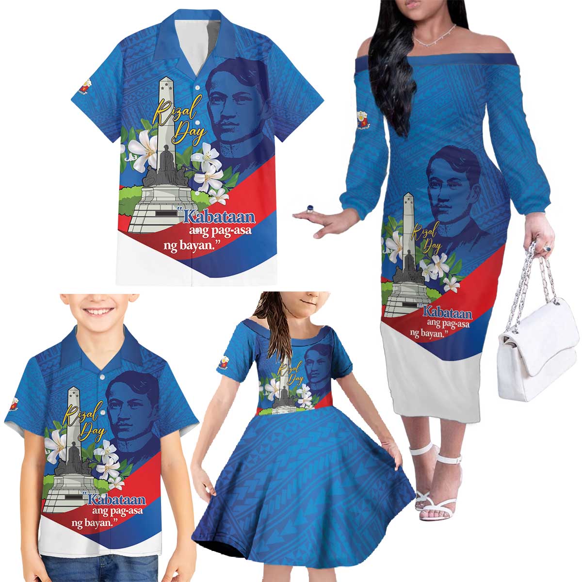 Philippines Rizal Day Family Matching Off The Shoulder Long Sleeve Dress and Hawaiian Shirt Filipino Motto Stella Polynesian Pattern - Polynesian Pride