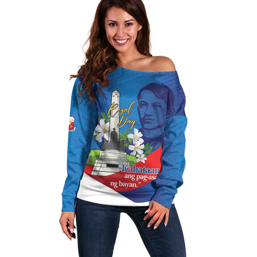 Philippines Rizal Day Off Shoulder Sweater Filipino Motto Stella Polynesian Pattern - Polynesian Pride