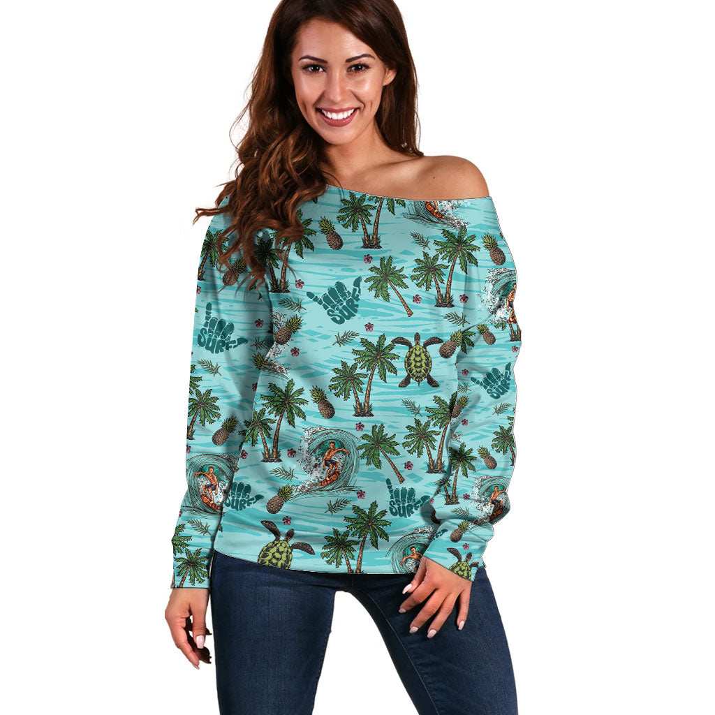 Aloha Hawaii Surfing Tropical Seamless Off Shoulder Sweater LT14 Women Cyan - Polynesian Pride