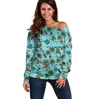 Aloha Hawaii Surfing Tropical Seamless Off Shoulder Sweater LT14 Women Cyan - Polynesian Pride