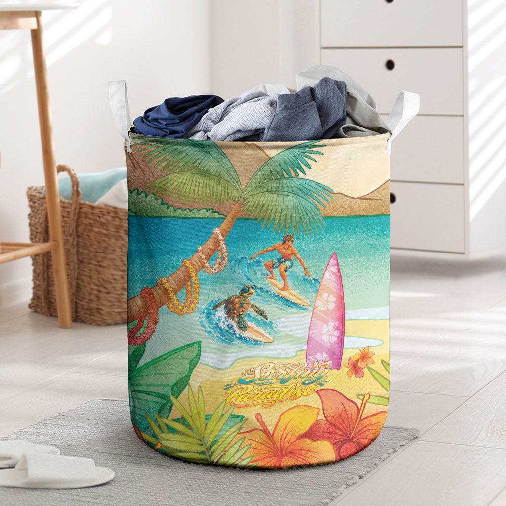 Surfing Paradise Hawaii Laundry Basket Tropical Flowers Beachy Vibes