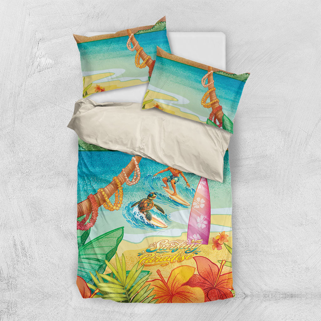 Surfing Paradise Hawaii Bedding Set Tropical Flowers Beachy Vibes LT14 US Twin 172cm x 218cm Multicolor - Polynesian Pride